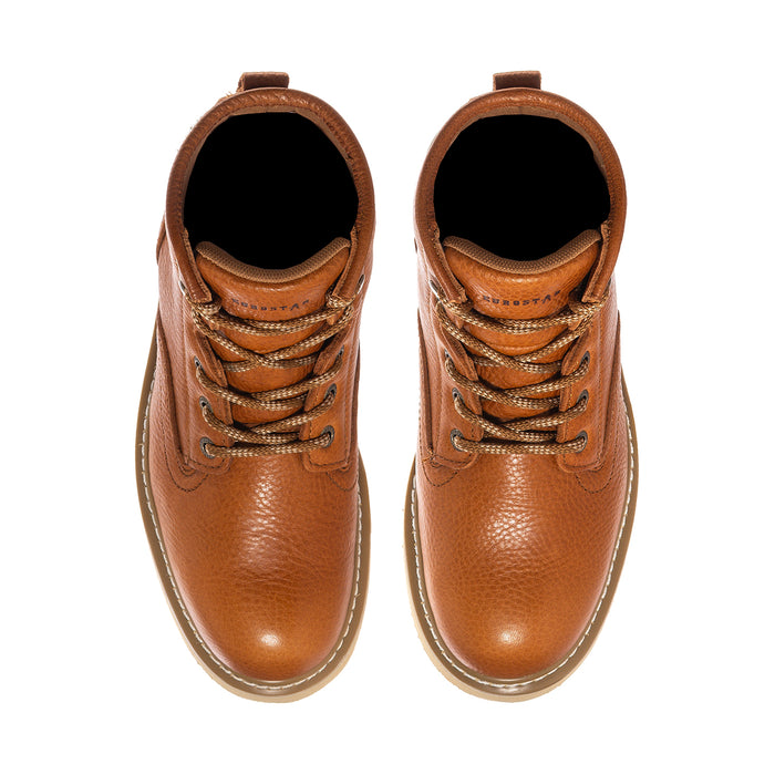 Men’s brown leather lace-up boots showing black interior lining and thick padded collar