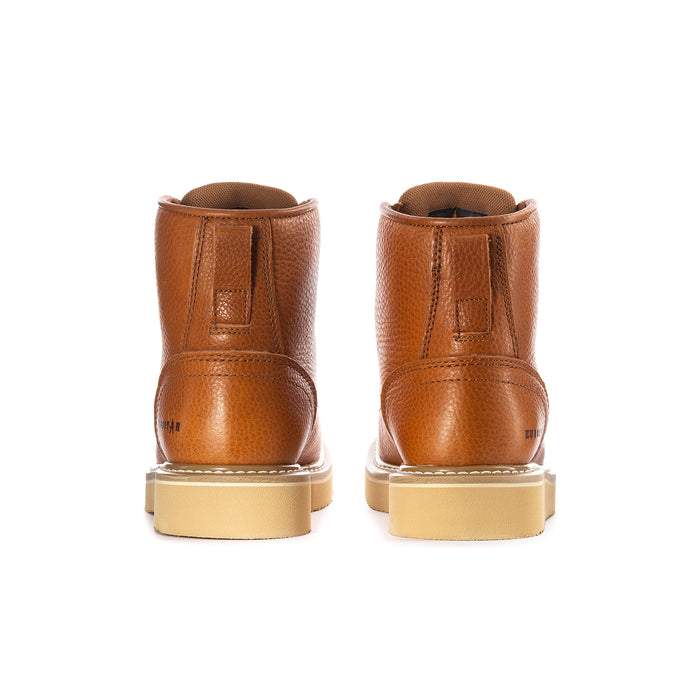 Men’s brown leather high-top boots from the back with light rubber heel and sole