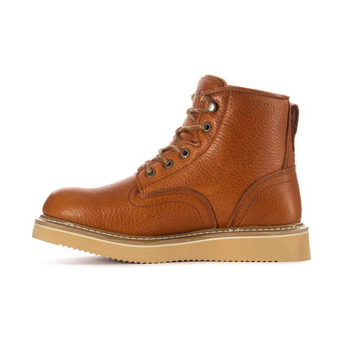 Men’s brown leather high-top lace-up boot with stitched panels and light sole