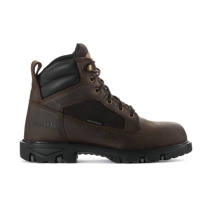 Men's brown steel-toe waterproof work boots with black rubber sole and lace-up design