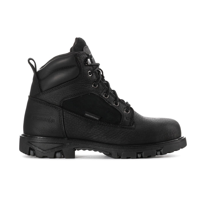 Men’s black steel-toe waterproof work boot with lace-up front and rugged tread sole