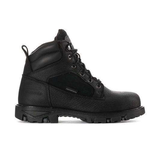 Men’s black steel-toe waterproof work boot with lace-up front and rugged tread sole
