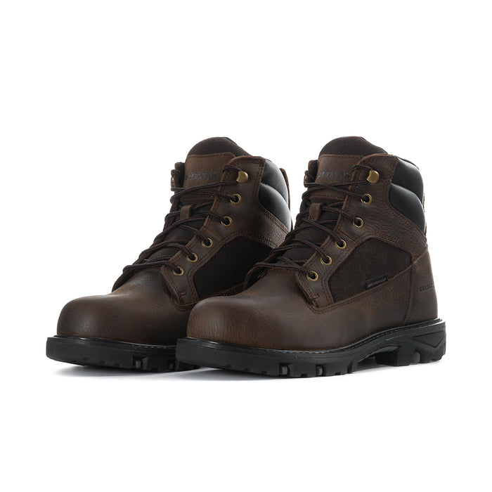 Men's brown lace-up work boots, steel-toe style, padded collar, black rugged outsole