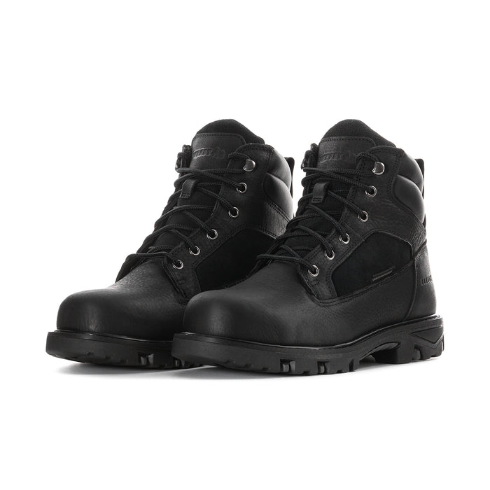 Men’s black lace-up steel-toe waterproof work boots, two-quarter side view, textured outsole