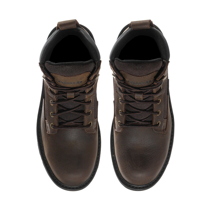 Pair of brown steel-toe lace-up boots with black padded lining and tongue detail