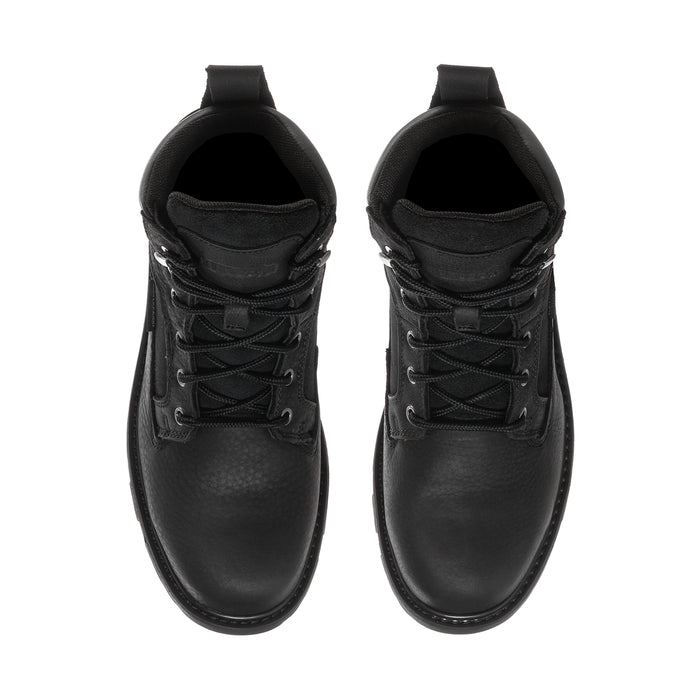 Men’s black steel-toe waterproof boots, front view with laces and padded collar
