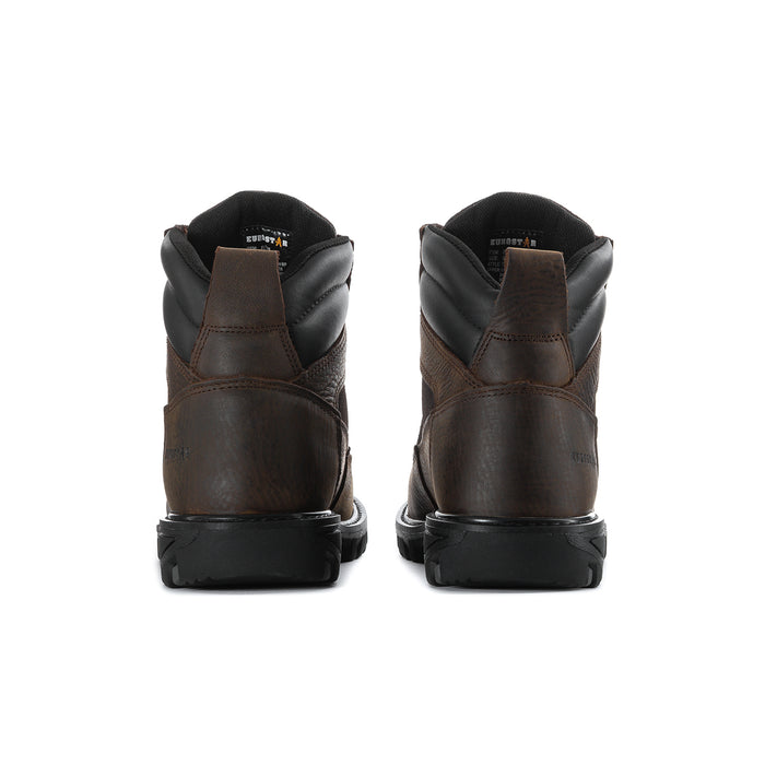 Back view of brown steel-toe work boots with pull tab and black heel counter