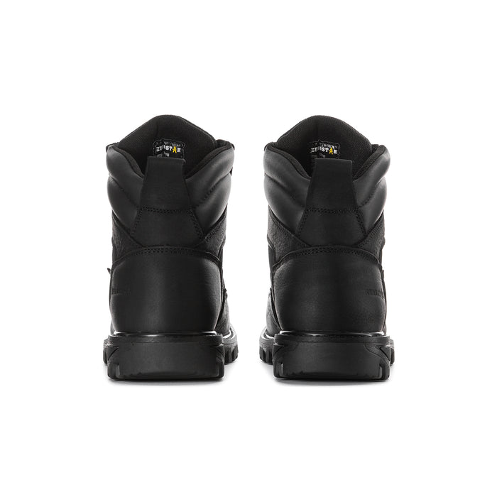 Men’s black steel-toe waterproof work boots, heel and rear view with cushioned back