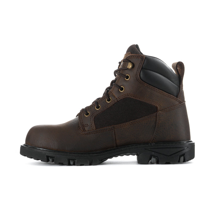 Side view of brown steel-toe waterproof work boots with lace eyelets and panel stitching