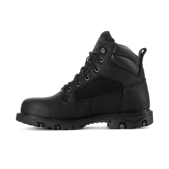 Men’s black steel-toe waterproof work boot, angled side view with lace-up closure