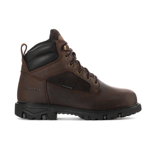 Men's brown leather work boot with black side panel, lace-up and rugged tread sole