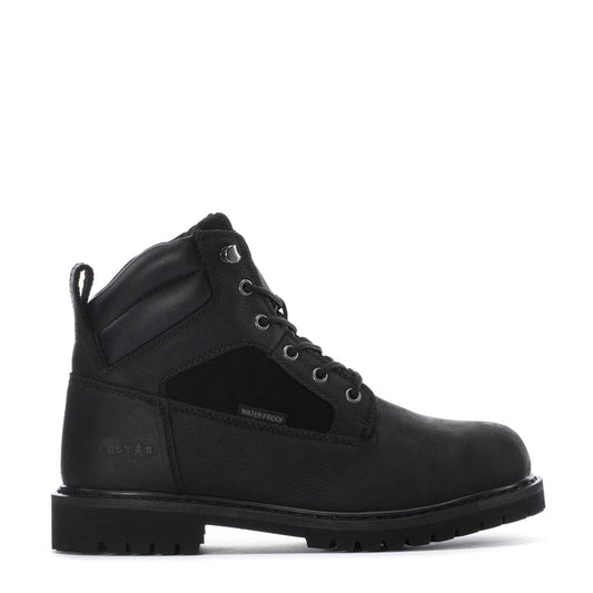 Men's black lace-up work boot with padded collar and rugged tread sole
