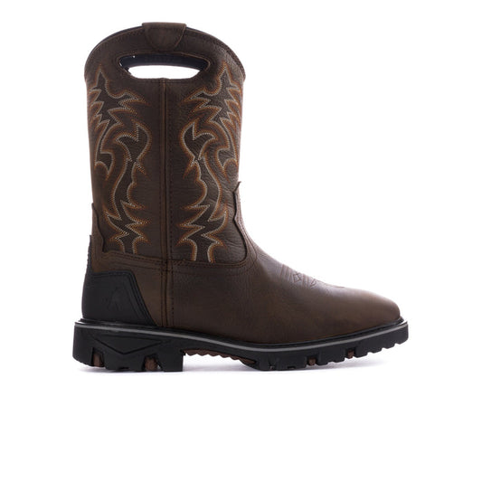 Men's dark brown cowboy work boots with stitched wing pattern and black rubber sole