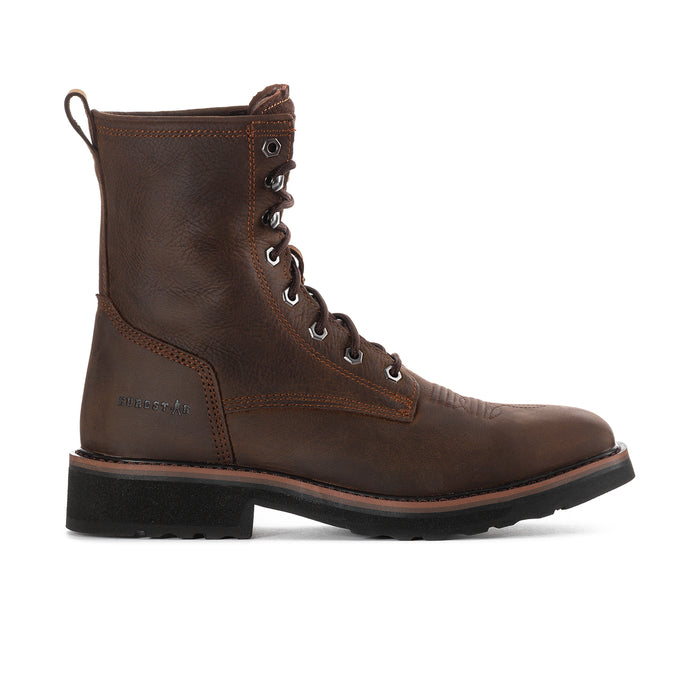 Dark brown leather lace-up work boot with square steel toe and black outsole