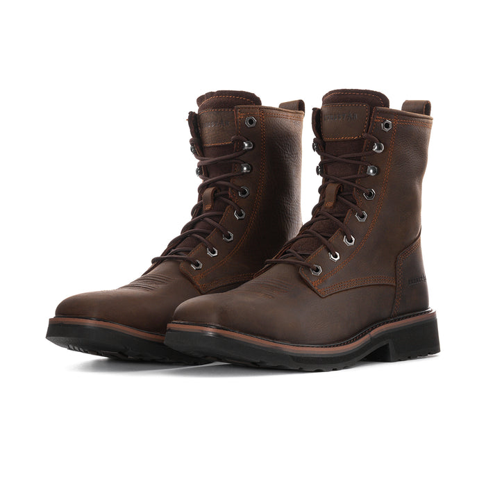 Pair of dark brown leather lace-up work boots with square steel toes and black sole