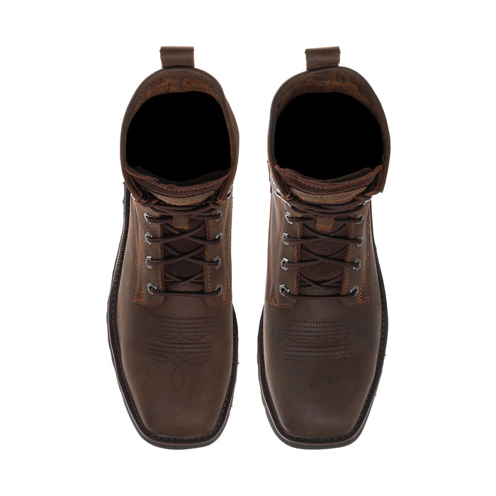 Front view of dark brown leather lace-up boots showing square steel toe openings