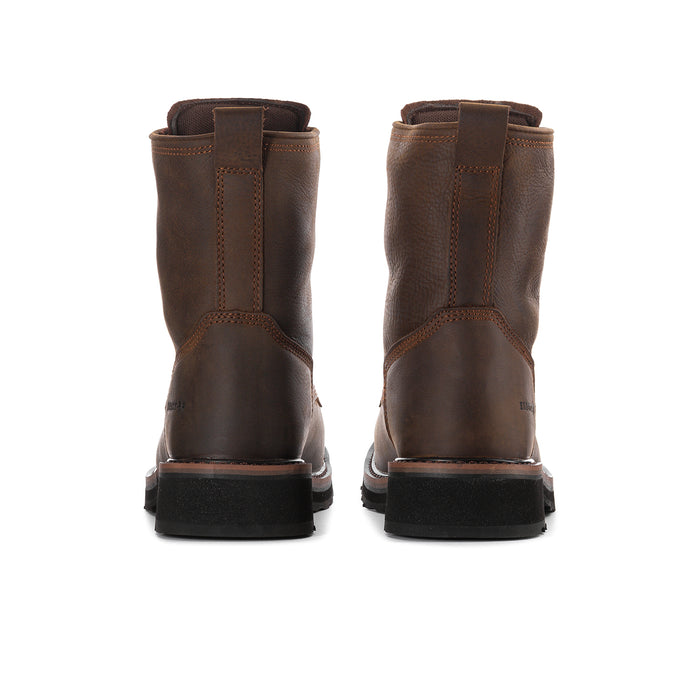 Back view of dark brown leather lace-up work boots with ankle pull tab and black sole