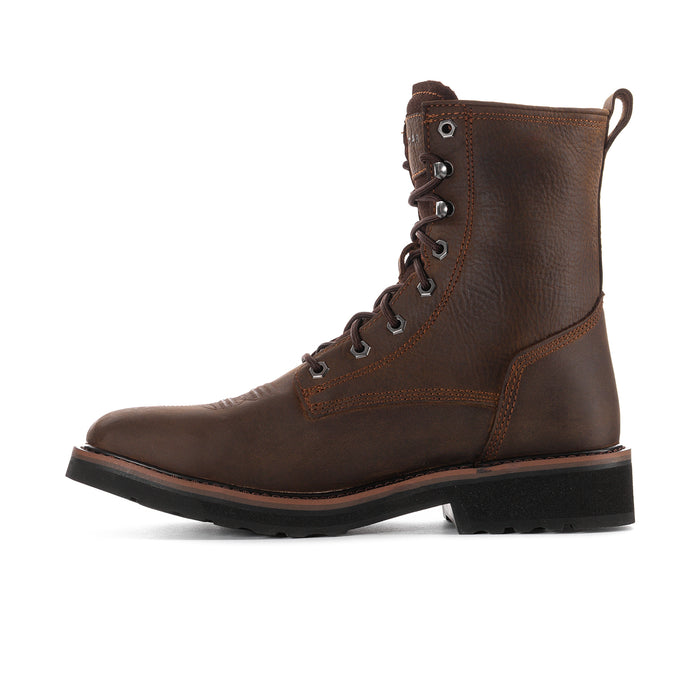 Side view of dark brown leather lace-up work boot with square steel toe and black outsole