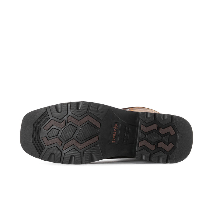 Outsole view: dark tread sole for dark brown lace-up steel toe work boot