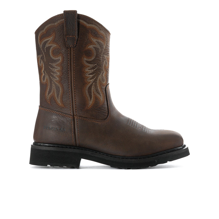 Men's dark brown steel-toe work boot with cowboy-style stitched side panel