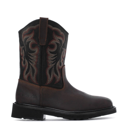 Men's square-toe steel-toe work boot, dark brown leather with embroidered side panels