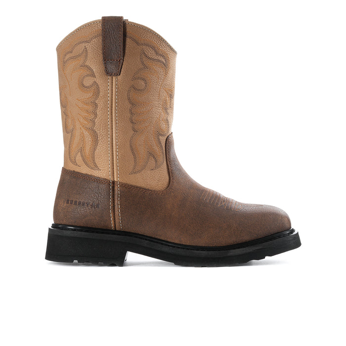 Tan leather square-toe work boot with side embroidery and dark rubber sole