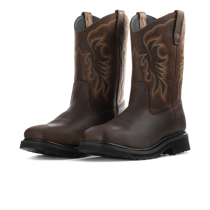 Pair of men's dark brown steel-toe cowboy boots with side embroidery and pull tabs