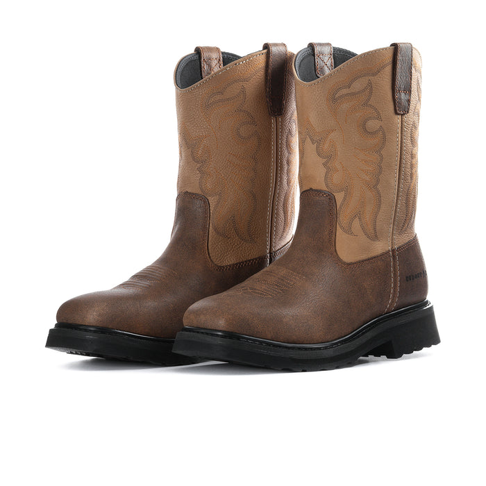 Pair of tan leather square-toe work boots with side pull tabs and dark sole