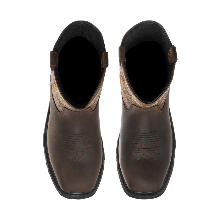 Men's dark brown steel-toe boots with wide opening and padded collar interior view