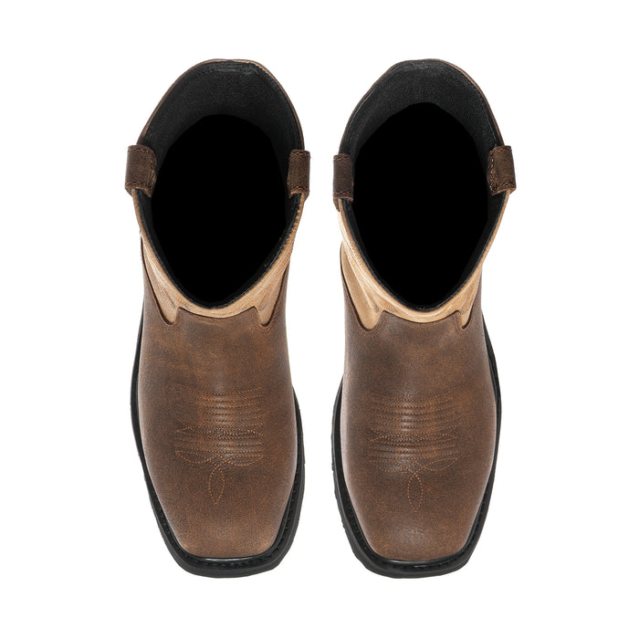 Tan leather square-toe work boots showing black interior and padded collar
