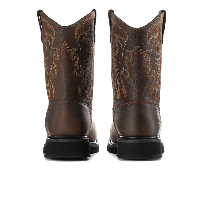 Men's dark brown steel-toe cowboy boots, back view with heel and rugged tread