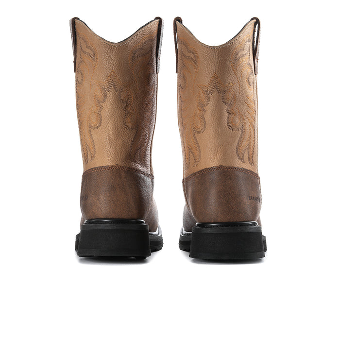 Tan leather square-toe work boots from back view with dark heel and sole