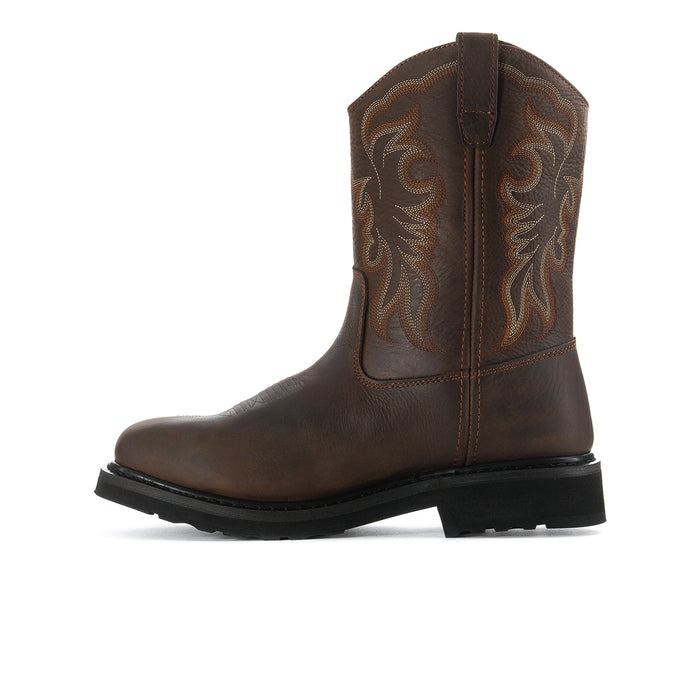 Men's dark brown steel-toe cowboy boot with front seam stitching and low heel