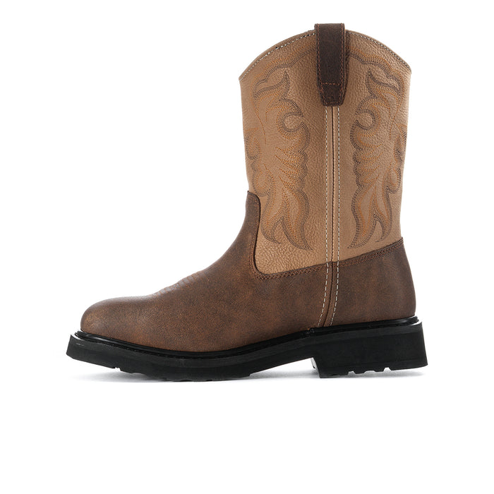 Tan leather square-toe work boot side profile with pull tab and dark rubber sole