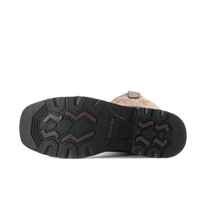 Men's steel-toe boot outsole with rugged tread pattern and dark rubber edge