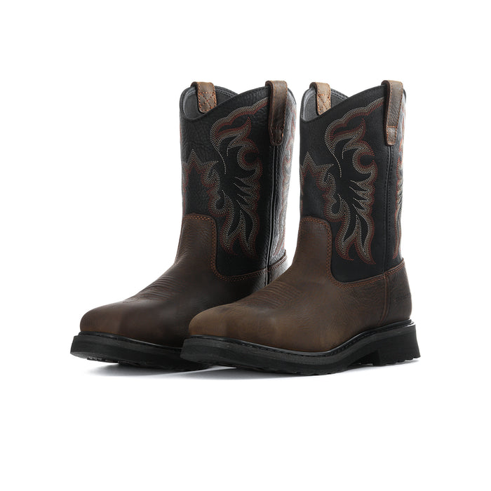 Pair of men's square-toe steel-toe work boots, dark brown leather with black stitch panels