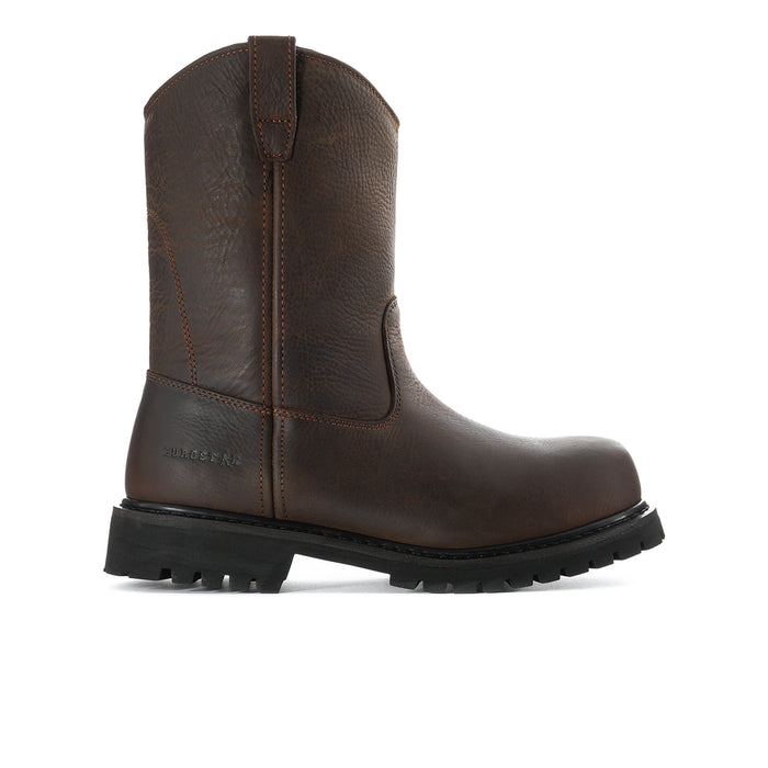 Men's dark brown steel-toe work boot, side view with pull-on tab and tread sole