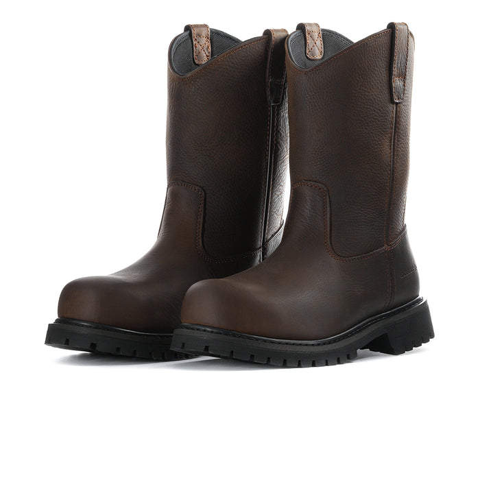 Men's dark brown steel-toe work boots, pair side view with lug sole and pull tabs