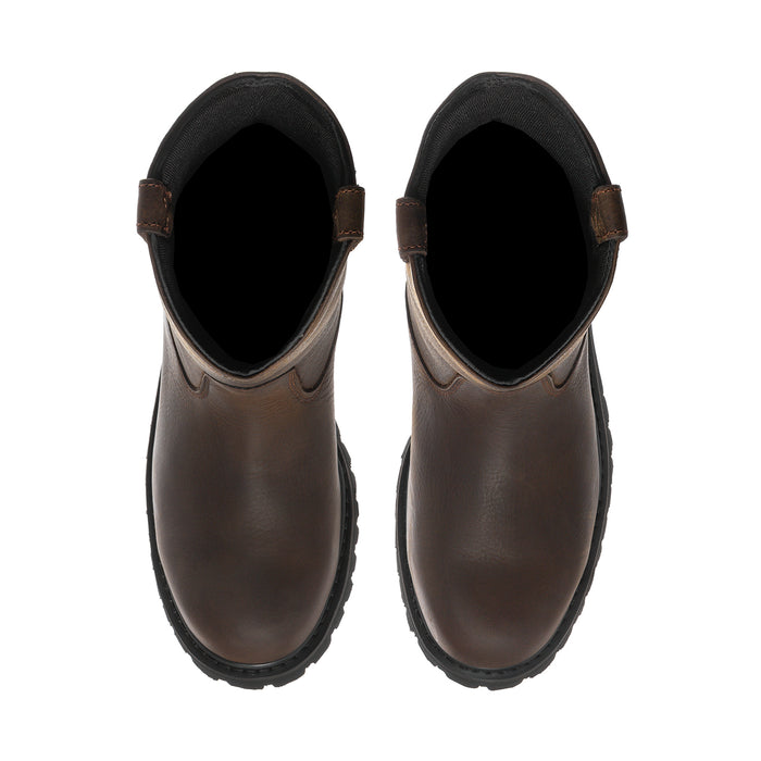 Men's dark brown steel-toe work boots, front view with black lining and capped toe