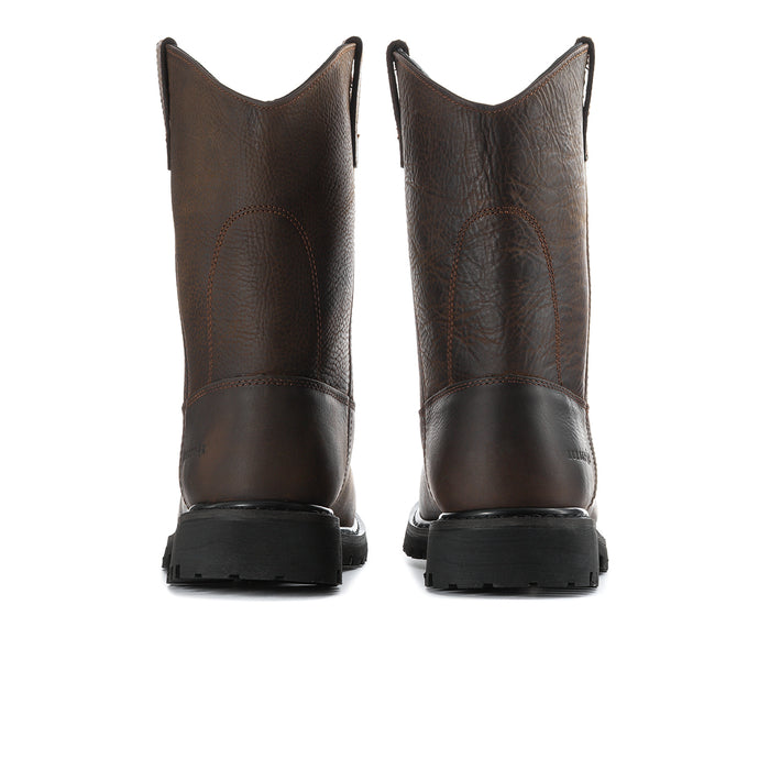 Men's dark brown steel-toe work boots, back view with heel collar and lug sole