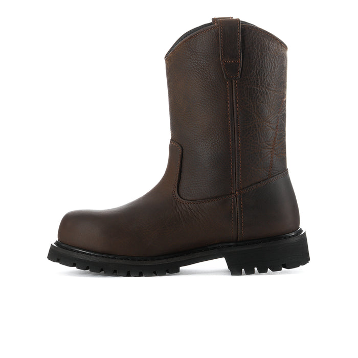 Men's dark brown steel-toe work boot, angled side view with stitched upper and tab