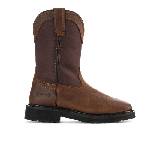 Men's wide brown cowboy boots with side zipper, stitched panels, and black rubber sole