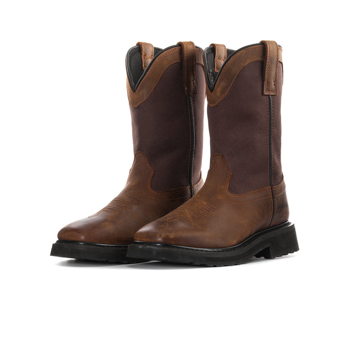 Men's wide brown pull-on cowboy boots with elastic goring and black tread sole