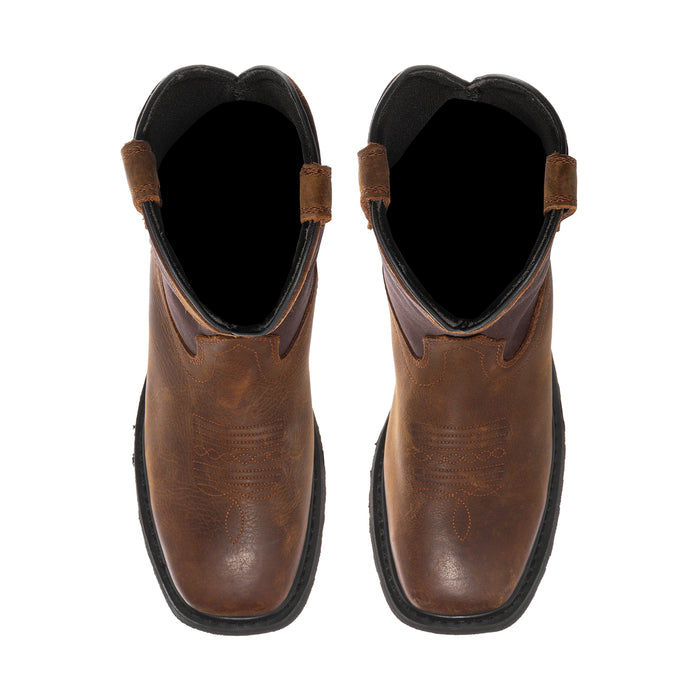 Men's wide brown cowboy boots, showing black-lined openings and pull tabs
