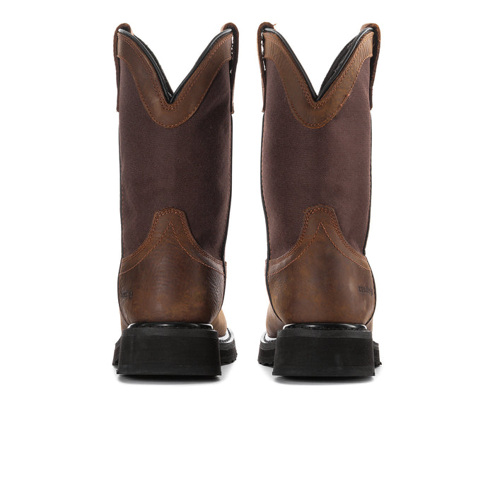 Men's wide brown cowboy boots rear view with pull tabs and black outsole