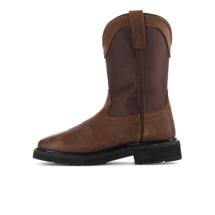 Men's wide brown cowboy boots side view with stitched seams and black rubber sole