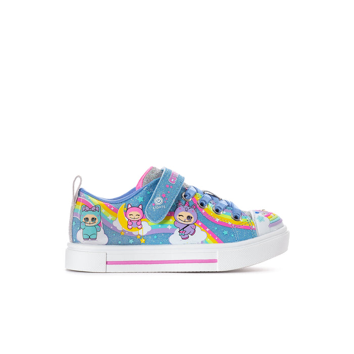 Kids lace-up sneakers with blue multicolor cartoon critter print and white rubber sole