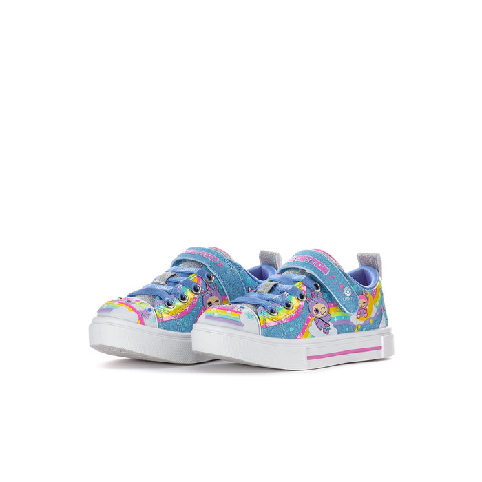 Kids lace-up low-top sneakers in blue multicolor with cartoon critter graphics, white sole