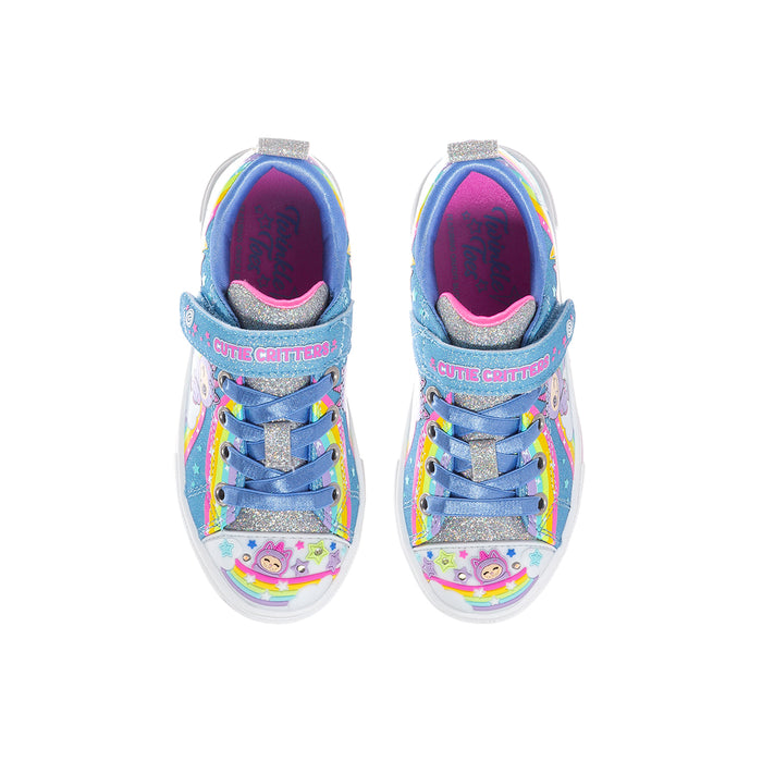 Kids sneakers front view: blue multicolor critter print, purple lining, lace-up
