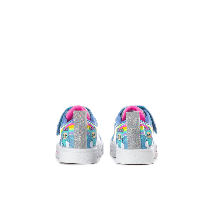Kids sneakers heel view: blue multicolor critter pattern with white sole
